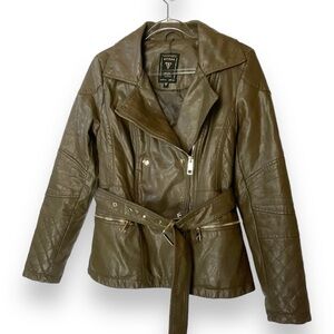 Guess Jacket Olive Brown‎ Faux Leather Moto Motorcycle Quilted Belted Size XS